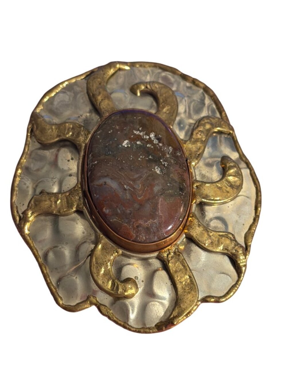 Vintage Large Silver Gold Tone Pendant Sun Agate Stone Copper Textured 3.5"